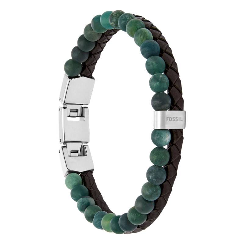 Men's Brown Leather & Steel Double-Strand Bracelet with Two-Tone Beads, Adjustable Length 21.50 cm - Fossil