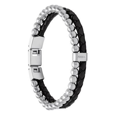 Black Leather & Steel Double-Strand Bracelet, Adjustable Length 21.50 cm - Fossil