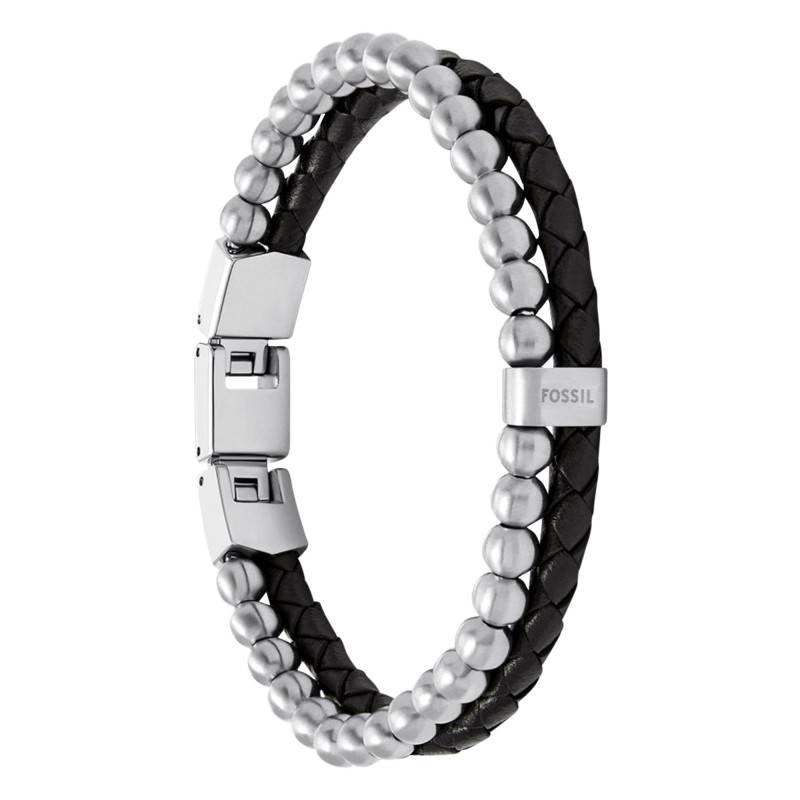 Black Leather & Steel Double-Strand Bracelet, Adjustable Length 21.50 cm - Fossil