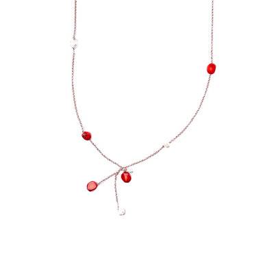 Collier argent plaqué or rose & pierres corail et perles, Longueur 90 cm - Ippocampo