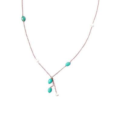 925 Silver 24k Rose Gold Plated Necklace with Pearls and Turquoises, 90 cm Length - Ippocampo