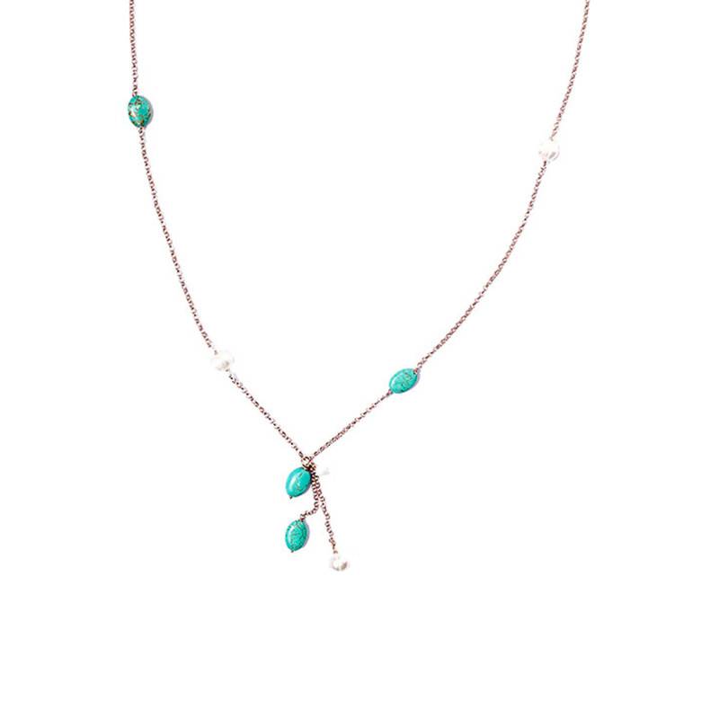 925 Silver 24k Rose Gold Plated Necklace with Pearls and Turquoises, 90 cm Length - Ippocampo