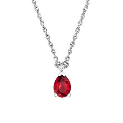 Collier rubis poire & diamant, Or Blanc 750, Longueur 42 cm - Joelli