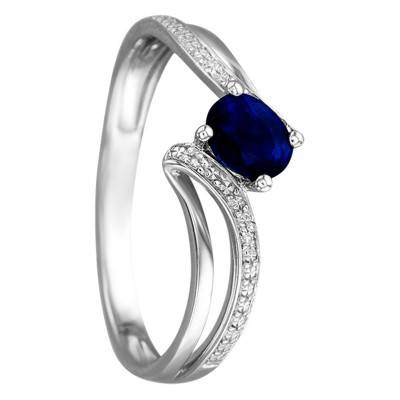 750/1000 White Gold Sapphire Solitaire Ring with Diamond Accents 0,016 ct - Joelli