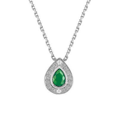 750/1000 White Gold Emerald & Diamond Halo Drop Necklace, 42 cm Length - Joelli