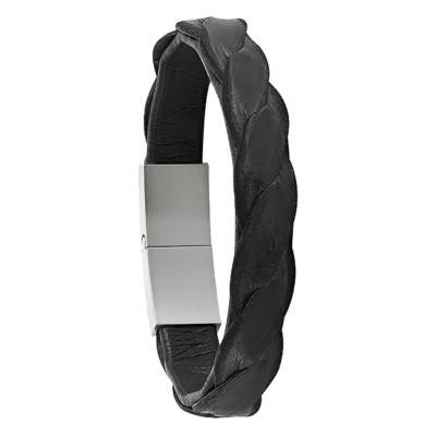 PERO Black Leather and Steel Bracelet, Length 19 cm - JH150019B - Jourdan Bijoux