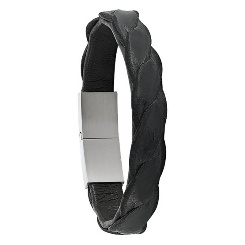 PERO Black Leather and Steel Bracelet, Length 19 cm - JH150019B - Jourdan Bijoux