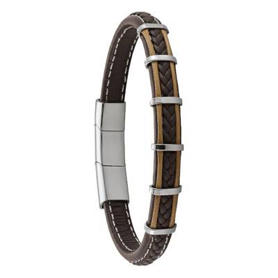 Brown Leather and Steel KESSEL Bracelet, Length 20 cm to 21 cm - RC 018 H - Jourdan Bijoux