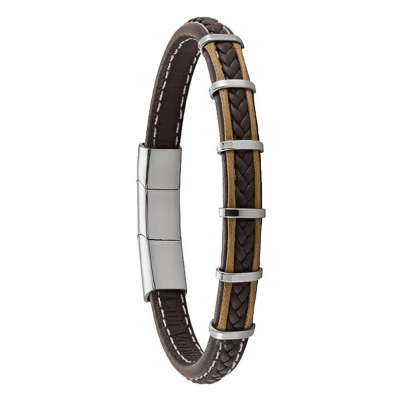 Brown Leather and Steel KESSEL Bracelet, Length 20 cm to 21 cm - RC 018 H - Jourdan Bijoux