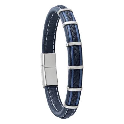 Bracelet KESSEL, en cuir et acier avec cordons bleus - RC 030 H, 20cm à 21cm - Jourdan Bijoux