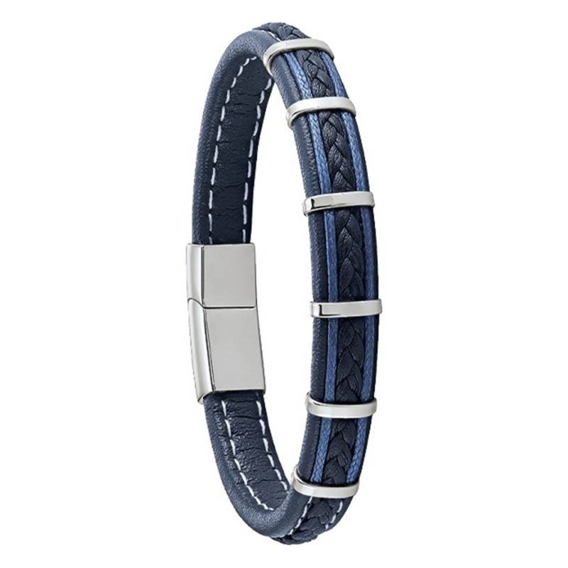 KESSEL Navy Leather Steel Blue Cord Bracelet, Length 20 cm to 21 cm - RC 030 H - Jourdan Bijoux