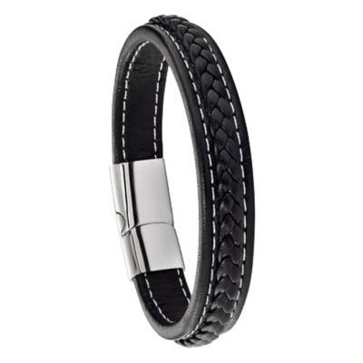 Black Leather BATTUTA Bracelet, Length 20.50 cm to 22 cm - SU 931 H - Jourdan Bijoux