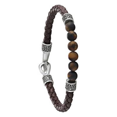 PACAYA Braided Leather & Brown Agates Bracelet, Length 21 cm - RC 033 H - Jourdan Bijoux