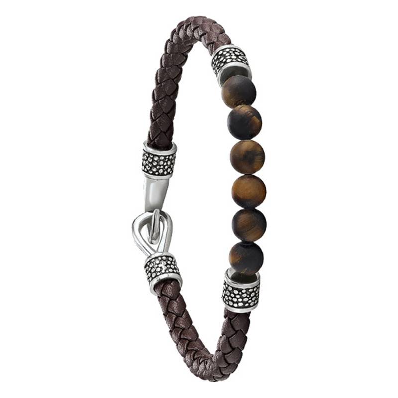 PACAYA Braided Leather & Brown Agates Bracelet, Length 21 cm - RC 033 H - Jourdan Bijoux