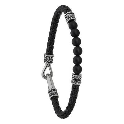 Black Agate Steel & Braided Leather PACAYA Bracelet, 21 cm Length - KA 001 H - Jourdan Bijoux