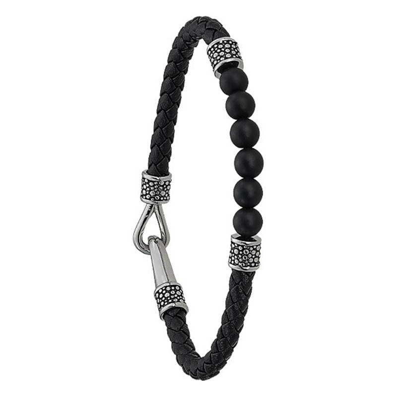 Black Agate Steel & Braided Leather PACAYA Bracelet, 21 cm Length - KA 001 H - Jourdan Bijoux