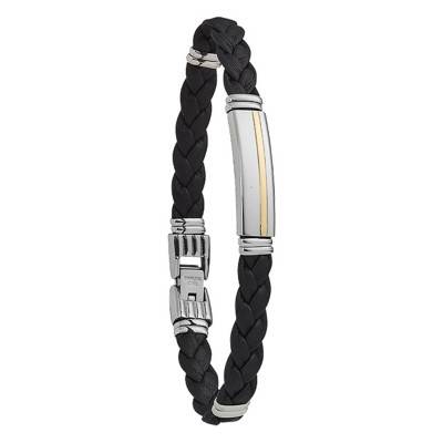 Black Steel and Leather Bottego Bracelet, Length 21 cm - FZ 061 NOH - Jourdan Bijoux