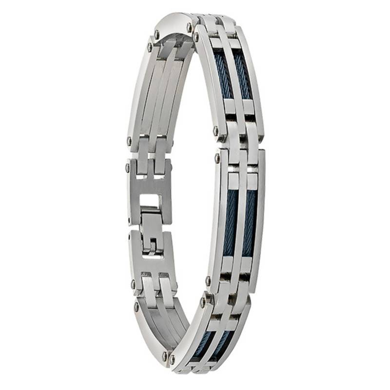 Steel and Blue Cable Priam Bracelet, Length 19 cm to 21 cm - JH110024B - Jourdan Bijoux