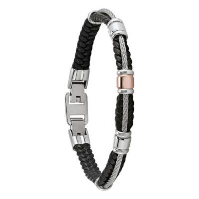 MIKE Black Leather Steel Bracelet, Length 19 cm - JH150002B - Jourdan Bijoux