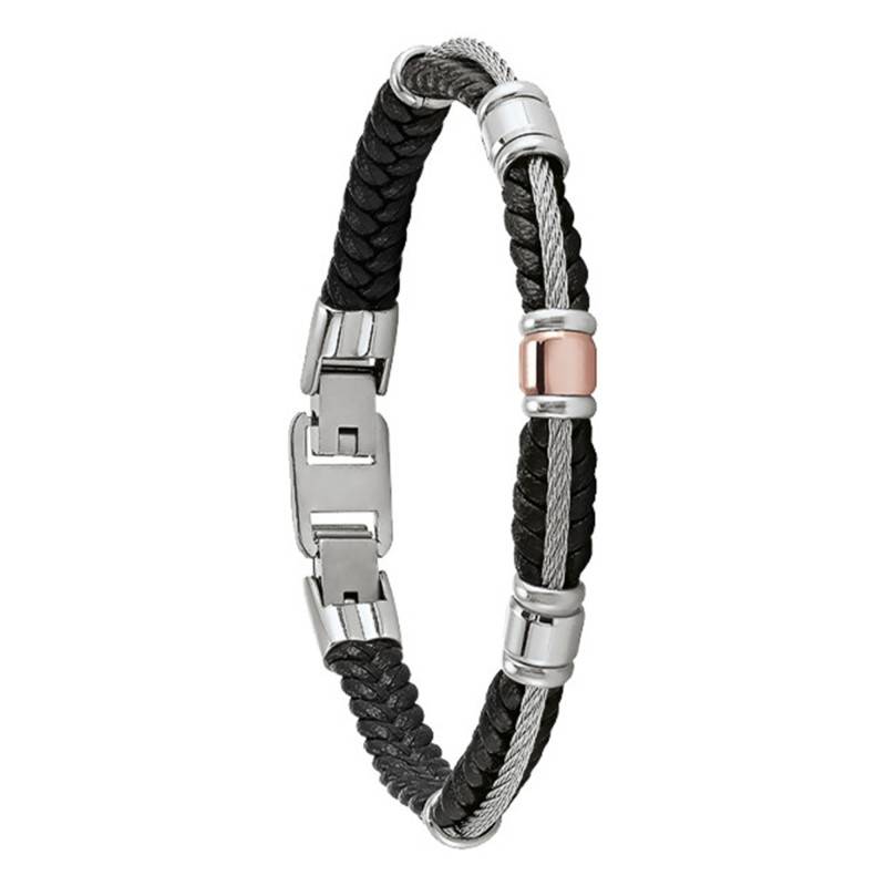MIKE Black Leather Steel Bracelet, Length 19 cm - JH150002B - Jourdan Bijoux