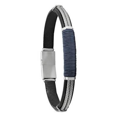 ANDROMEDE Leather, Steel, and Cable Bracelet, Length 22 cm - JH150023B - Jourdan Bijoux