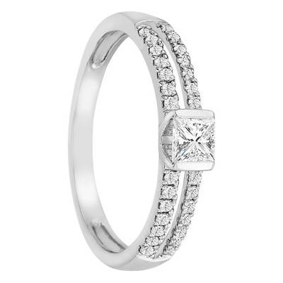 Bague de fiançailles Or Blanc 750 double rangées droites diamantés princesse - Juweel