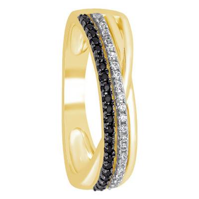 Bague, Or jaune & Rangée de diamants noirs et blancs - Kundan