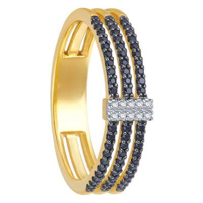 Bague effet triple anneaux, Or jaune & Diamants noirs et blancs - Kundan