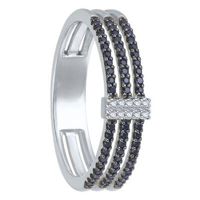 Bague effet triple anneaux, Or blanc & Diamants noirs et blancs - Kundan