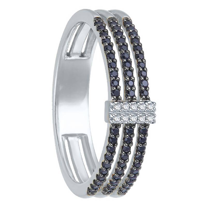 White Gold & Black and White Diamond Triple-Band Ring - Kundan