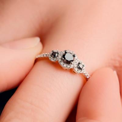 Yellow Gold & Black Diamond Trilogy Engagement Ring - Kundan