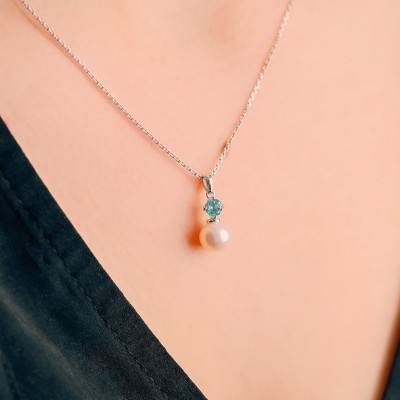Pendentif, Or blanc, Topaze Bleue & Perle - Aurora