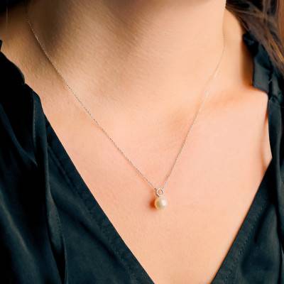 Collier, Or Blanc 375, Perle & Diamants, Longueur 45 cm - Aurora