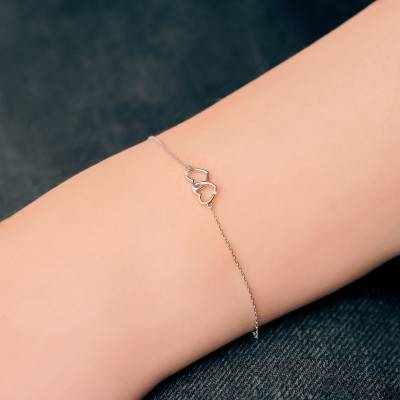 Bracelet Coeurs Ajourés Entrelacés, 2 Ors 375 & Diamants 0,01 ct, Longueur 18 cm, Largeur 0,90 mm - Aurora