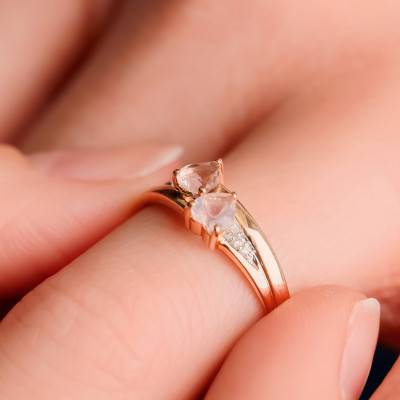 Bague Or Rose 375, Quartz Rose Coeurs & Diamants 0,02 ct - Aurora