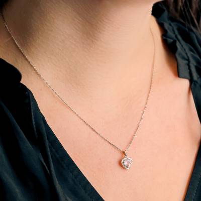 Pendentif Coeur Or Rose 375, Quartz Rose & Diamants 0,11 ct - Aurora