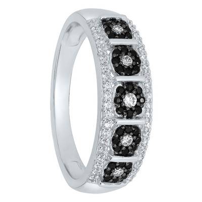 Bague effet fleur, Or blanc & Diamants noirs et blancs - Kundan