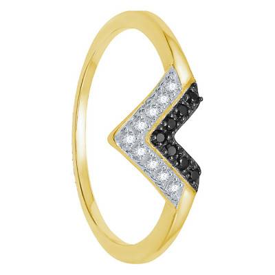 Bague Or jaune triangle Diamants noirs et blancs - Kundan