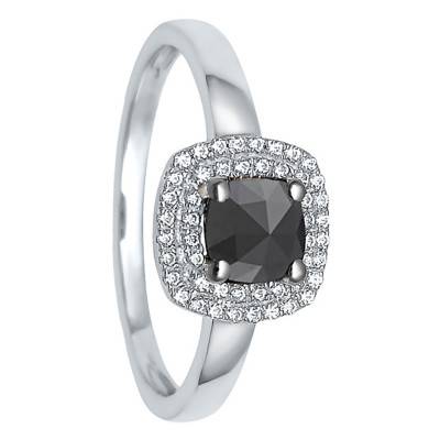 Bague Or blanc, Diamant noir & entourage Diamants blancs - Kundan