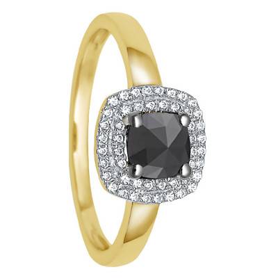 Bague Or jaune, Diamant noir & entourage diamants blancs - Kundan