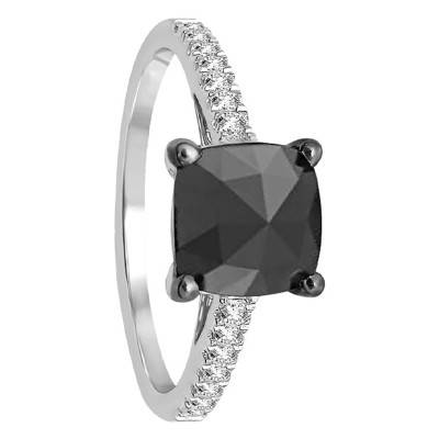 White 375 or 750 Gold Black Cushion Diamond Solitaire Ring with Side Stones - Kundan