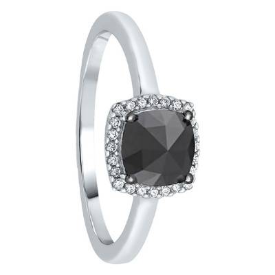Bague Or blanc, Diamant coussin noir & entourage diamants - Kundan
