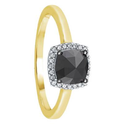 Bague Or Jaune 375 ou 750, Diamant coussin noir & entourage diamants - Kundan