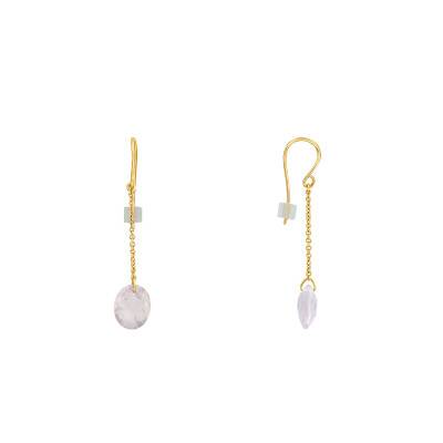 Boucles d'oreilles pendantes, quartz rose ovale & chaîne Or Jaune 750 - Les Valentines