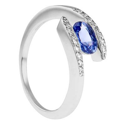 Bague 2 Fils Or Blanc 750, Saphir 0,95 ct, Diamants 0,13 ct - Les Valentines