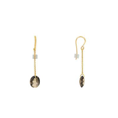 Boucles d'oreilles pendantes, quartz fumé ovale & chaîne Or Jaune 750 - Les Valentines