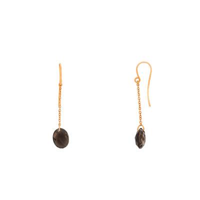 Boucles d'oreilles pendantes, quartz fumé ovale & chaîne Or Rose 750 - Les Valentines