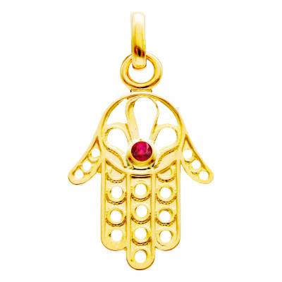 750/1000 Yellow Gold & Ruby Openwork Hamsa Hand Pendant - Vandona