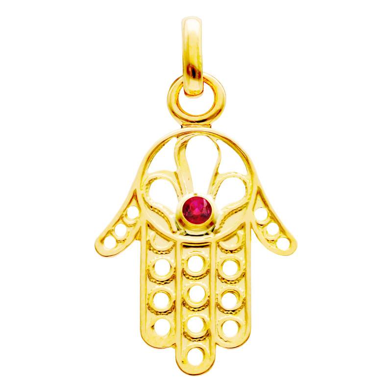 750/1000 Yellow Gold & Ruby Openwork Hamsa Hand Pendant - Vandona