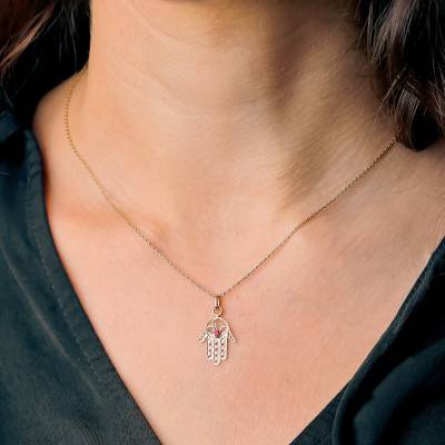 750/1000 Yellow Gold & Ruby Openwork Hamsa Hand Pendant - Vandona